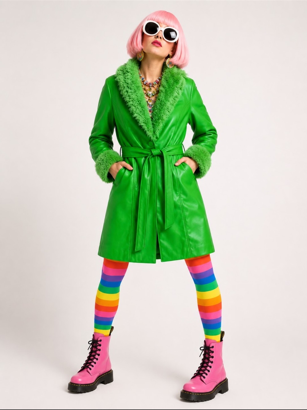 NWOT Stoosh faux leather faux fur  midi jacket. Bright green. Large.